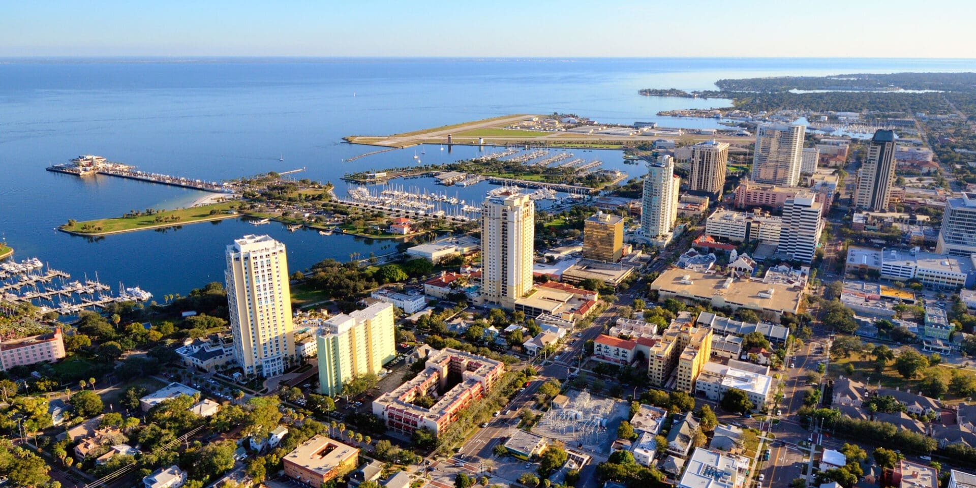 An aerial shot shows downtown St. Petersburg on a sunny day.