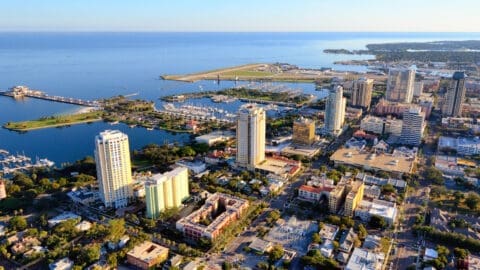 An aerial shot shows downtown St. Petersburg on a sunny day.