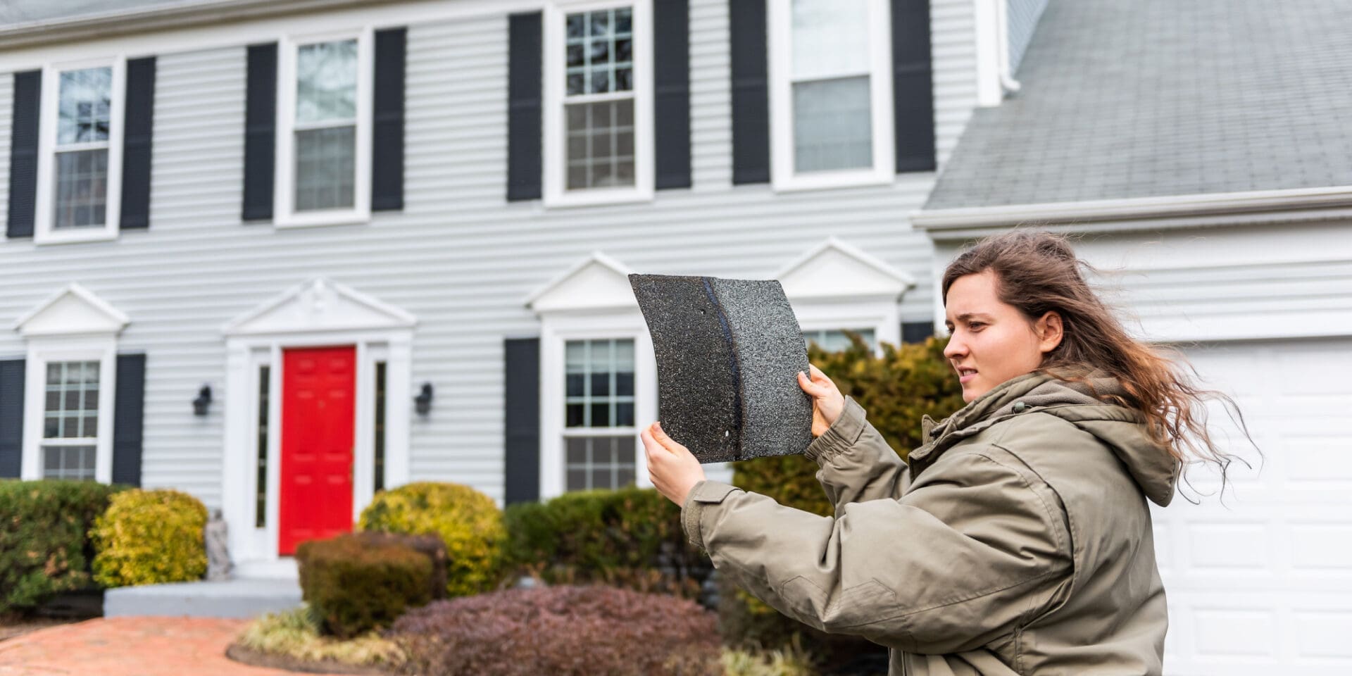 A white woman in a coat examines two types of shingles in front of her home.