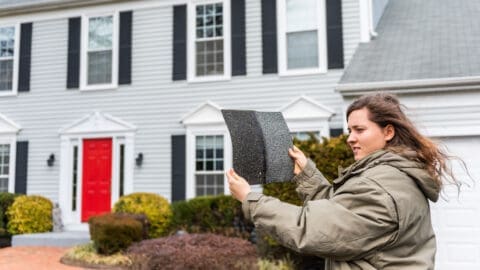 A white woman in a coat examines two types of shingles in front of her home.
